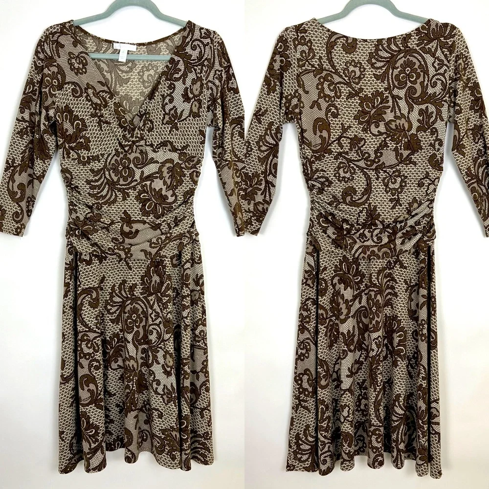 LONDON TIMES ruche waist dress with surprise neck brown and ivory floral… - Picture 1 of 6